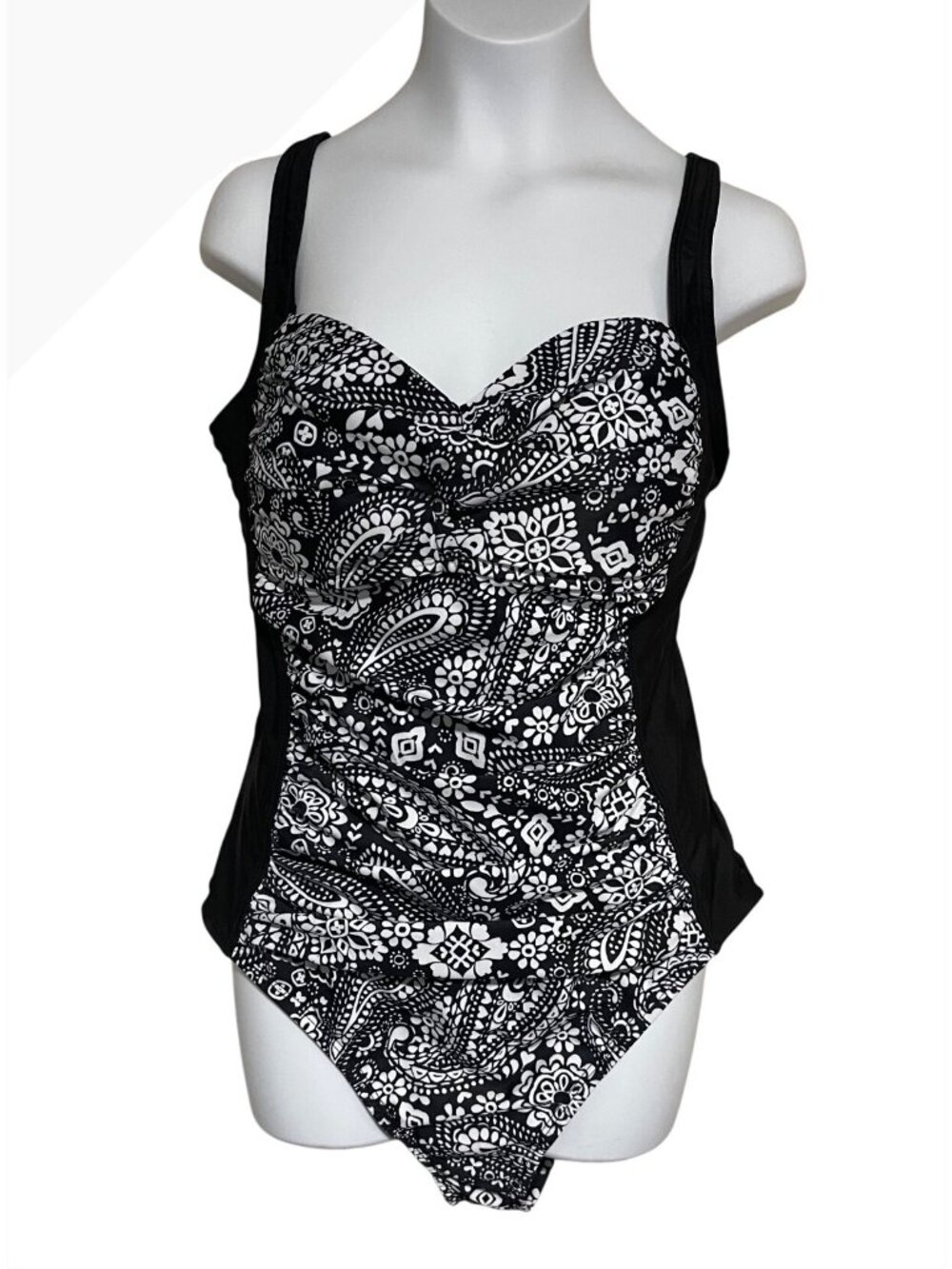 Liz Claiborne One Piece Swimsuit SZ 8 Black White Paisley Ruched Tummy Control